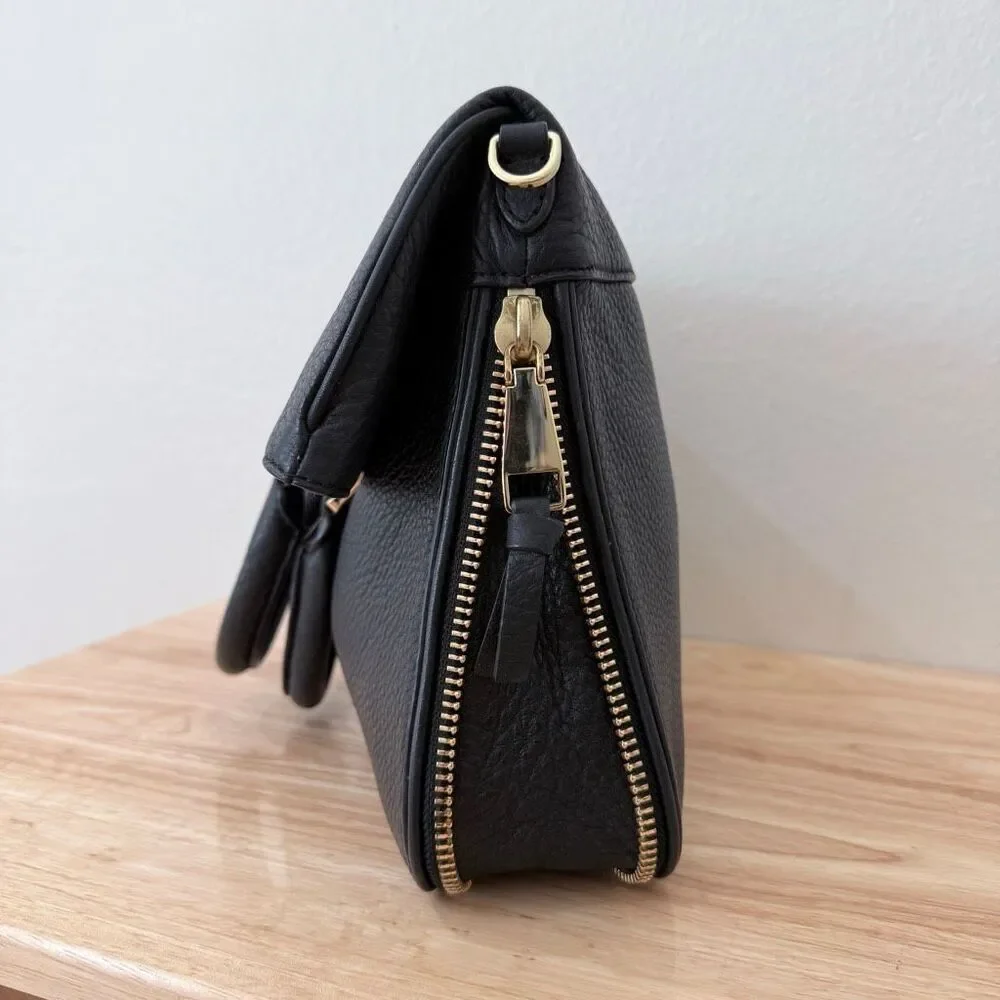 Tory Burch Fleming Two Way Pebbled Black Leather Shoulder Bag Purse Gold Hardwar